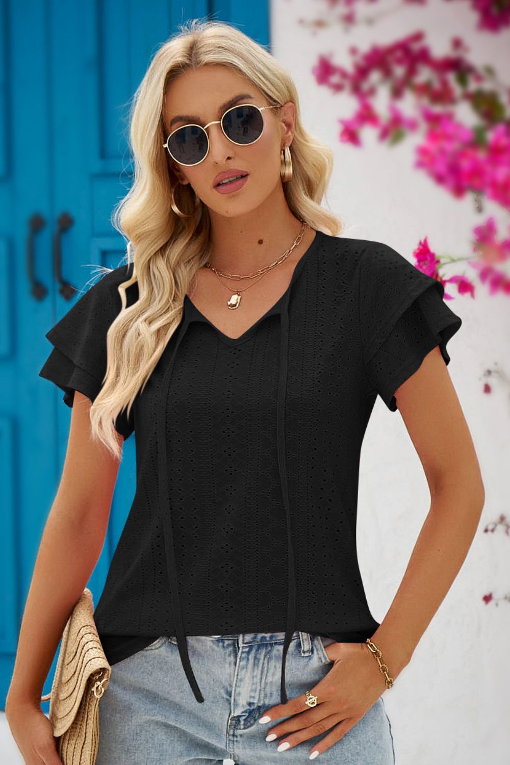 Eyelet Tie-Neck Flutter Sleeve Blouse