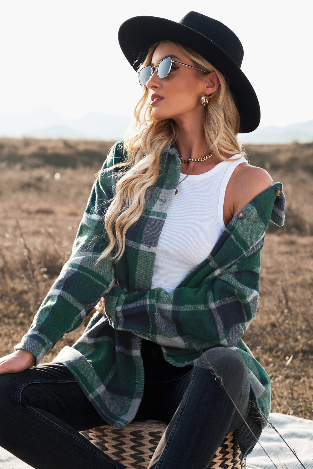 Double Take Plaid Dropped Shoulder Pocketed Shirt Jacket