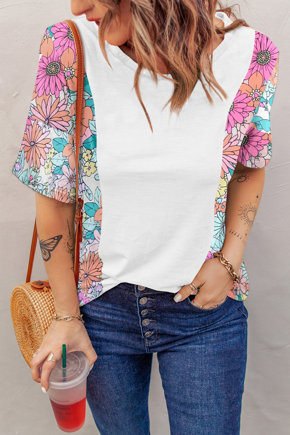 Floral Color Block Round Neck Tee