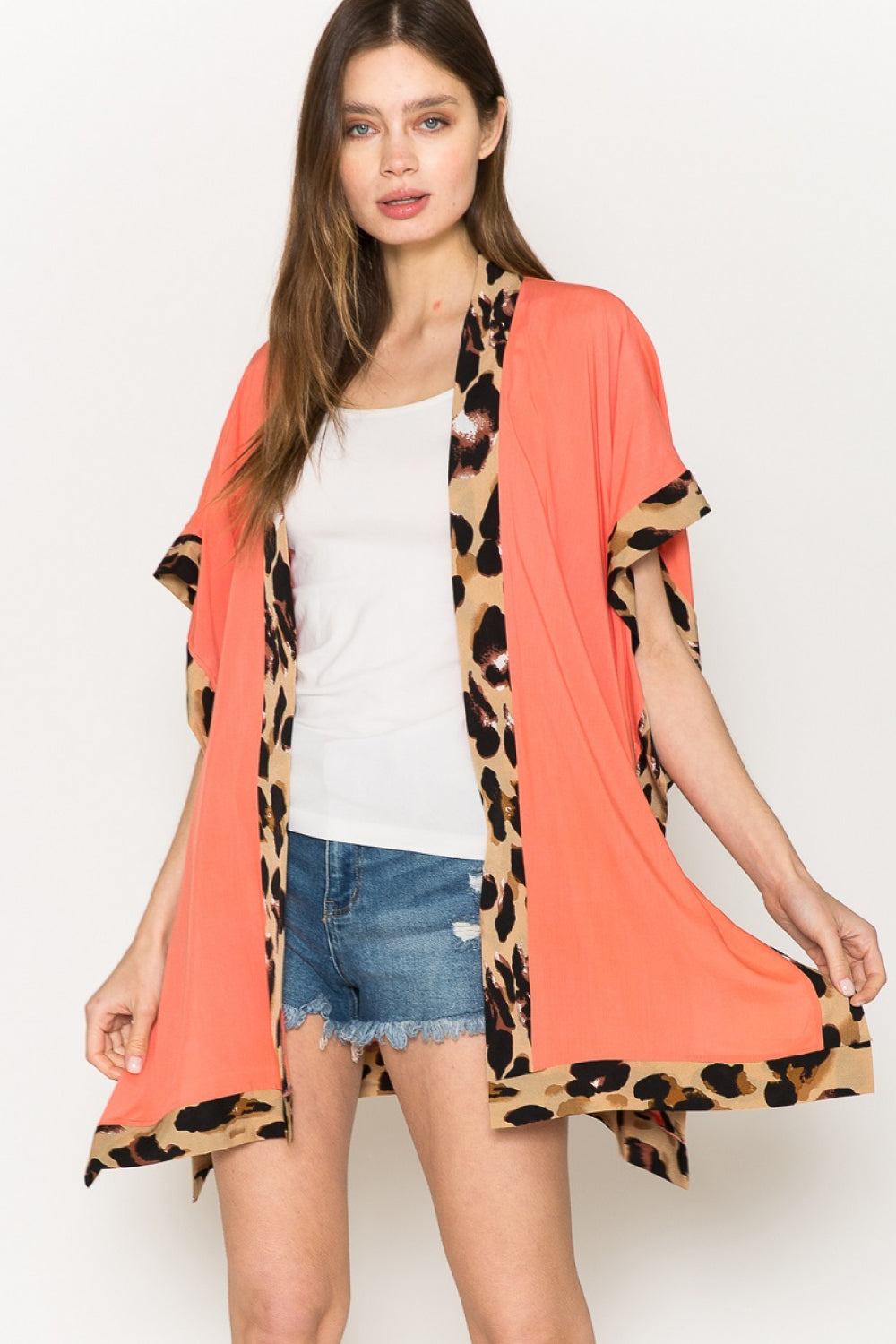 Justin Taylor Leopard Contrast Open Front Cardigan