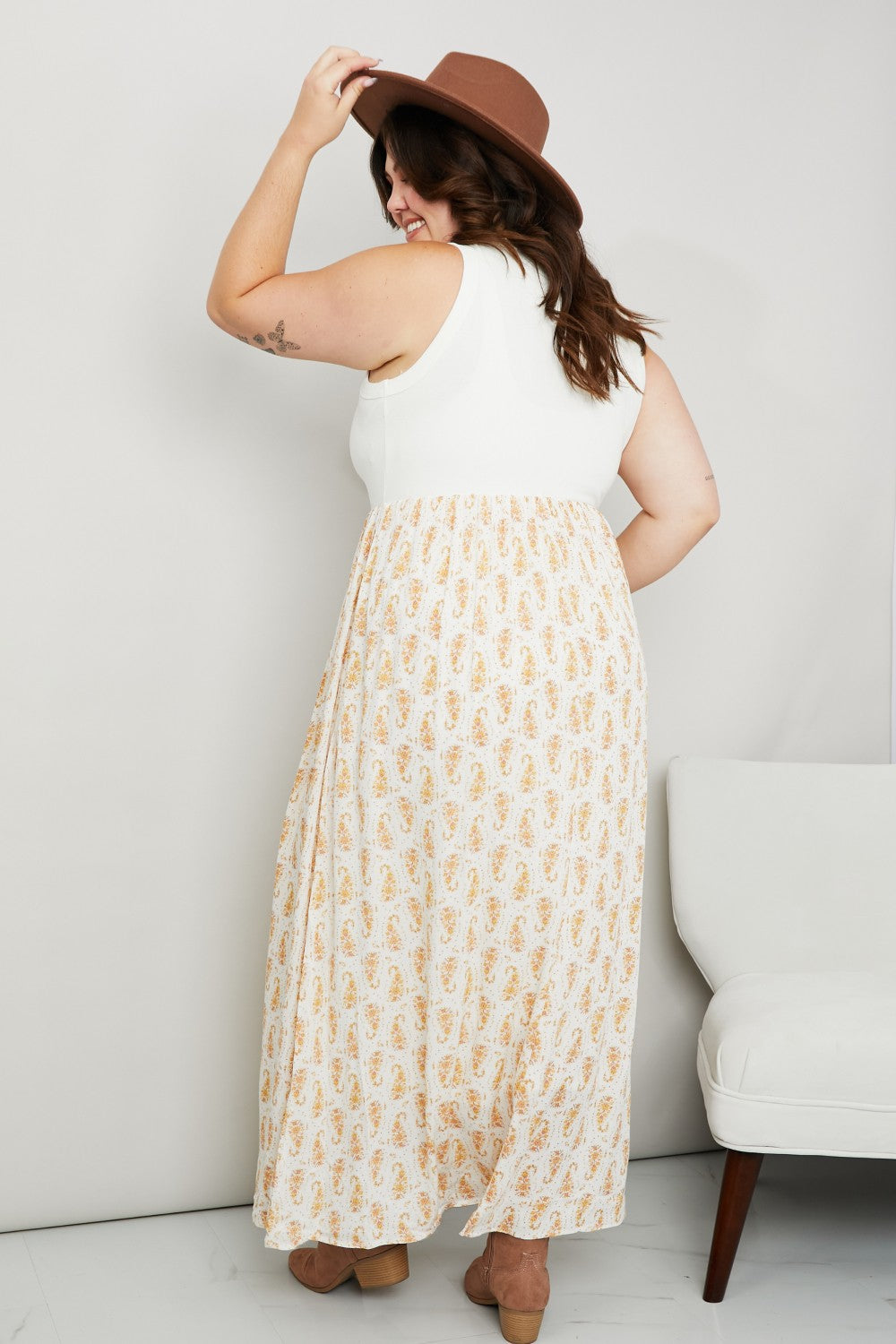 White Brich Full Size Printed Scoop Neck Sleeveless Maxi Dress