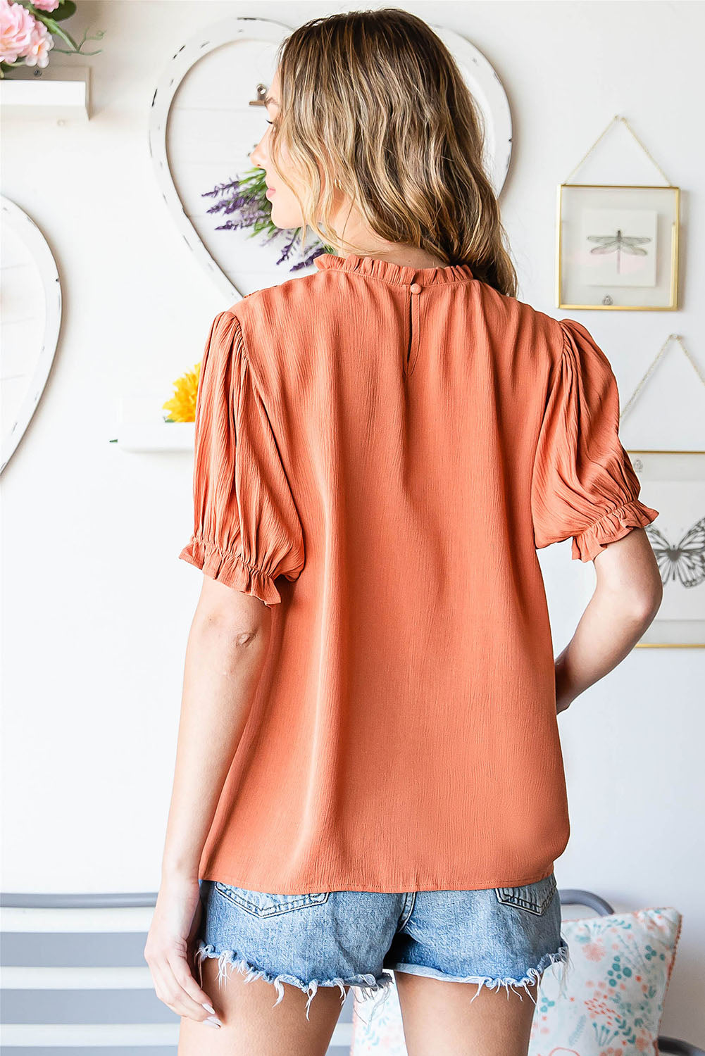 Frill Neck Short Flounce Sleeve Blouse