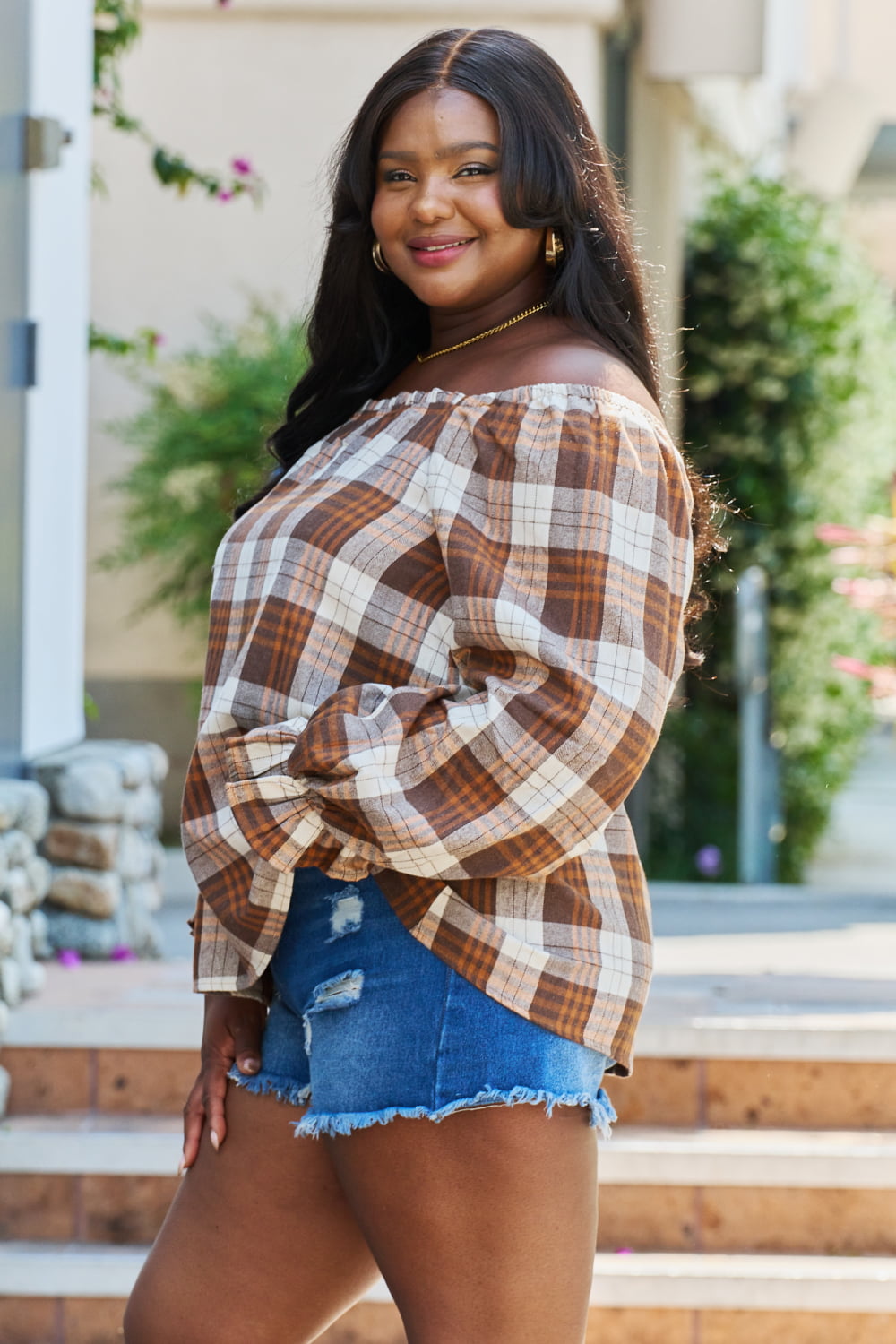 GeeGee Meet You There Plus Size Square Neck Plaid Blouse