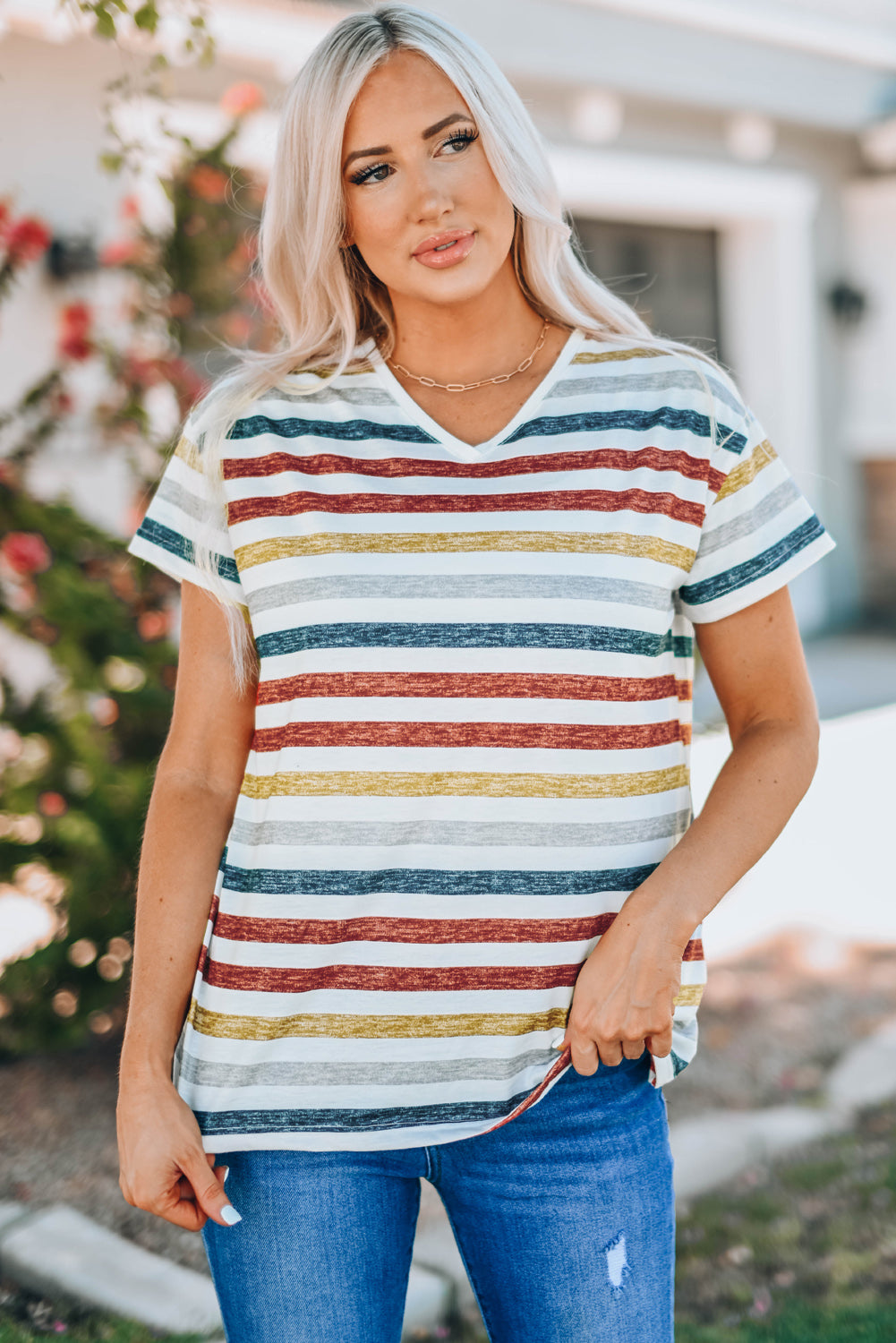 Striped V-Neck Short Sleeve Tee