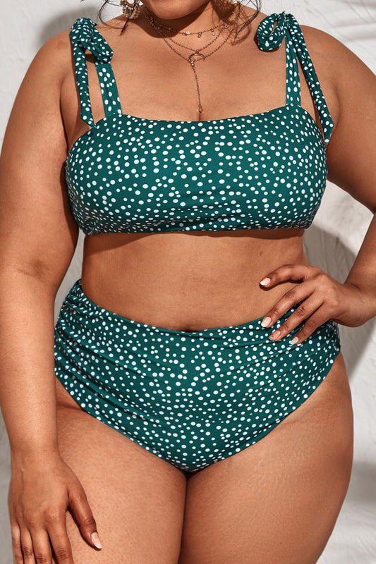 Plus Size Polka Dot Tie-Shoulder High Waist Two-Piece Swim Set