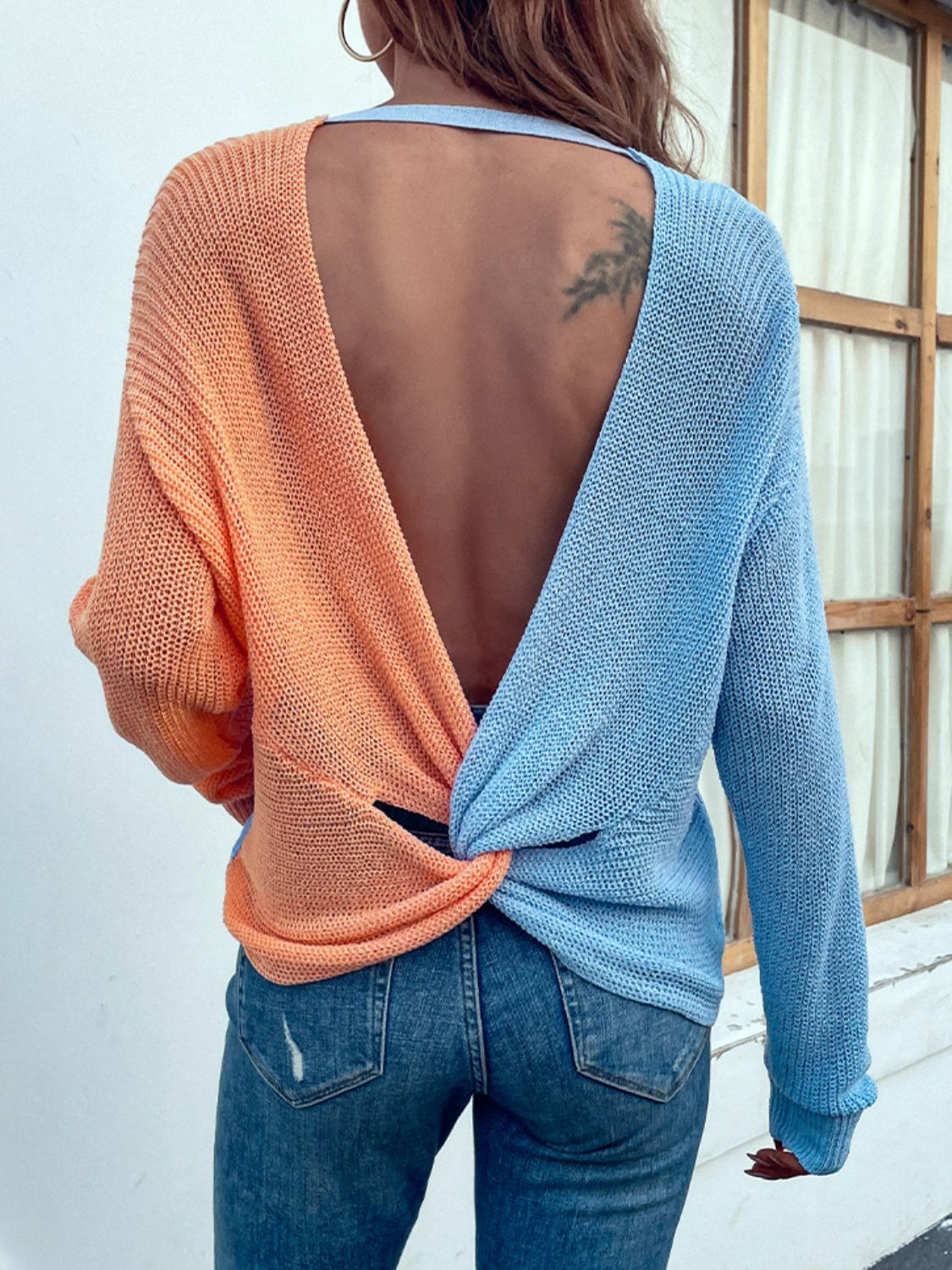 Two-Tone Backless V-Neck Sweater