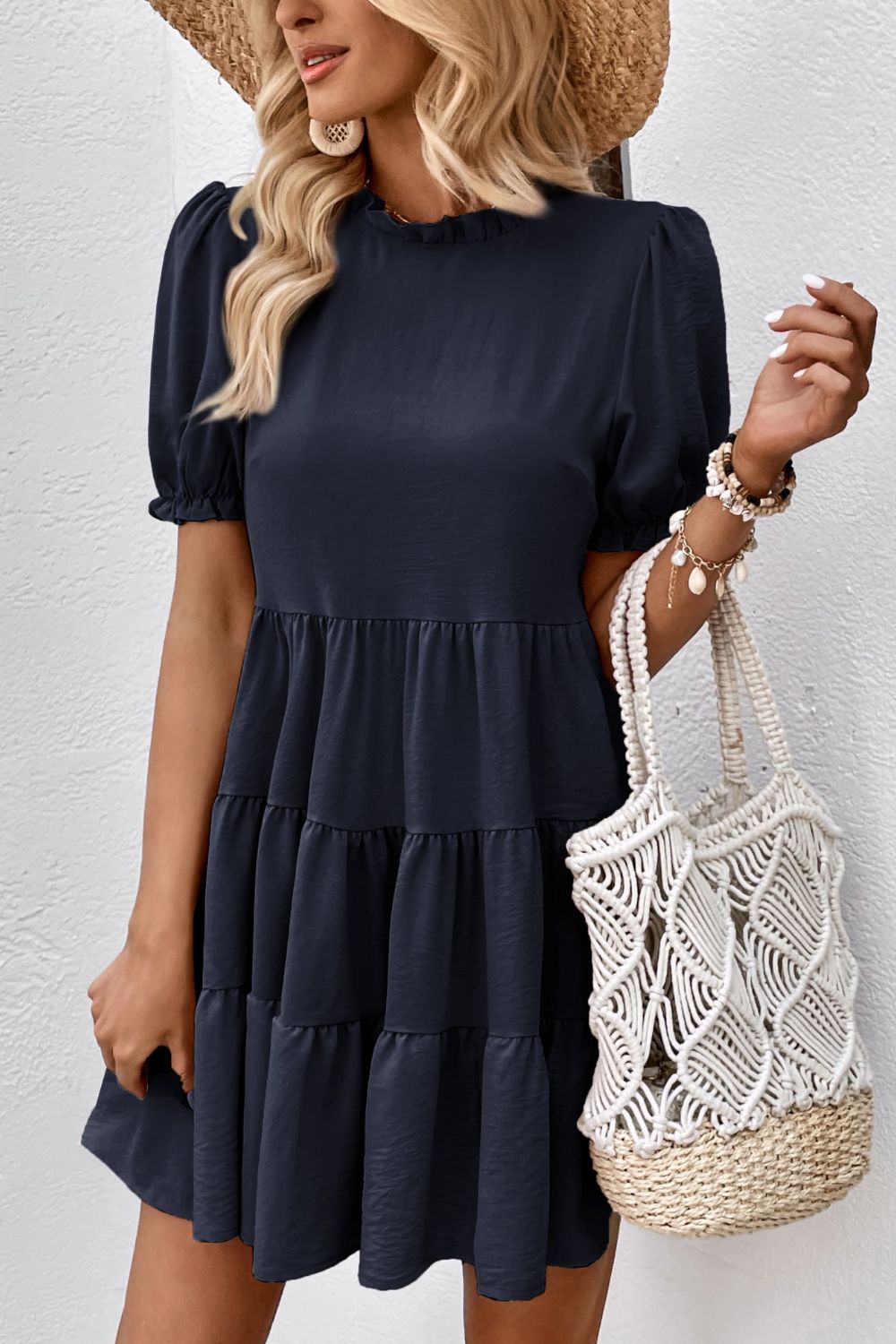 Puff Sleeve Tie Back Tiered Dress