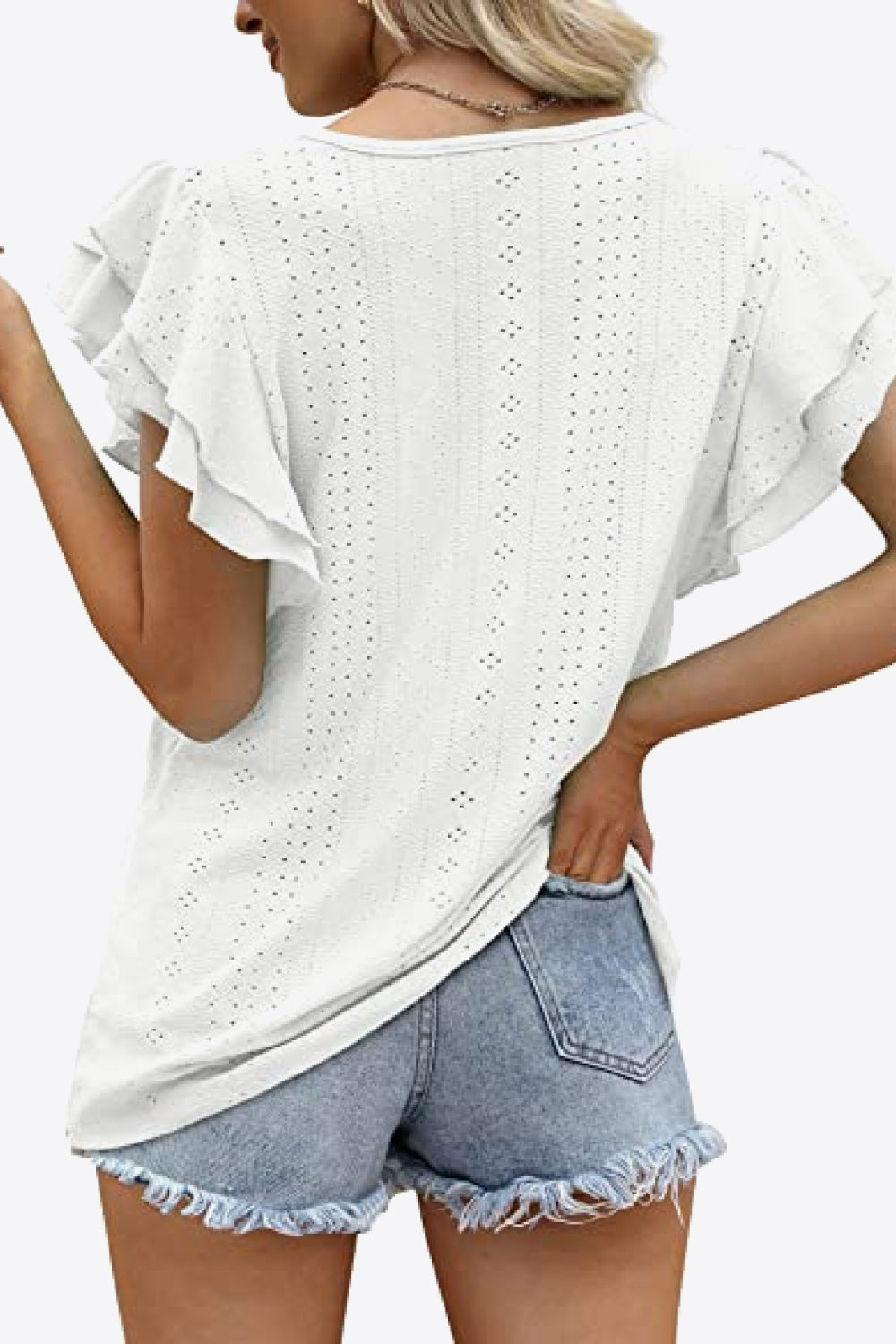 Round Neck Layered Flutter Sleeve Blouse