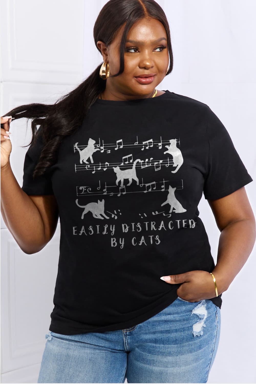 Simply Love Full Size EASILY DISTRACTED BY CATS Graphic Cotton Tee