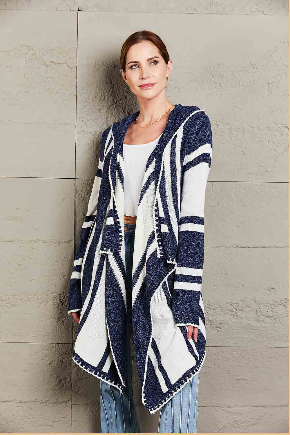 Woven Right Striped Open Front Hooded Cardigan