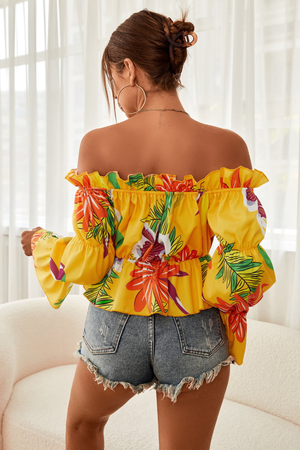 Floral Off-Shoulder Flounce Sleeve Peplum Blouse