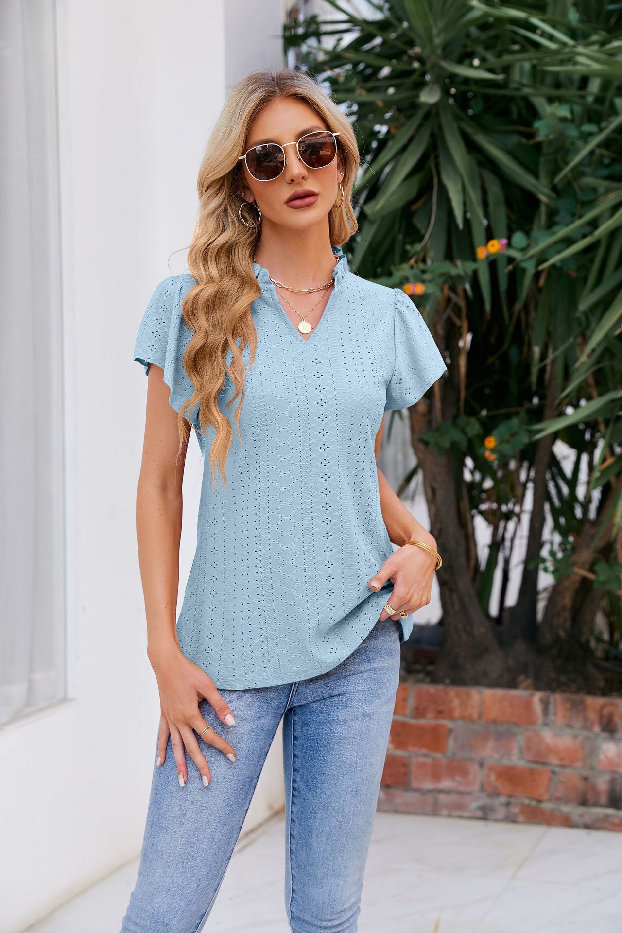 Notched Neck Puff Sleeve Blouse