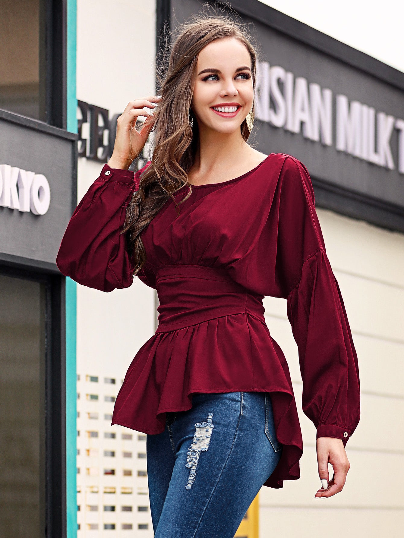 Exposed Seams Round Neck Dropped Shoulder Blouse