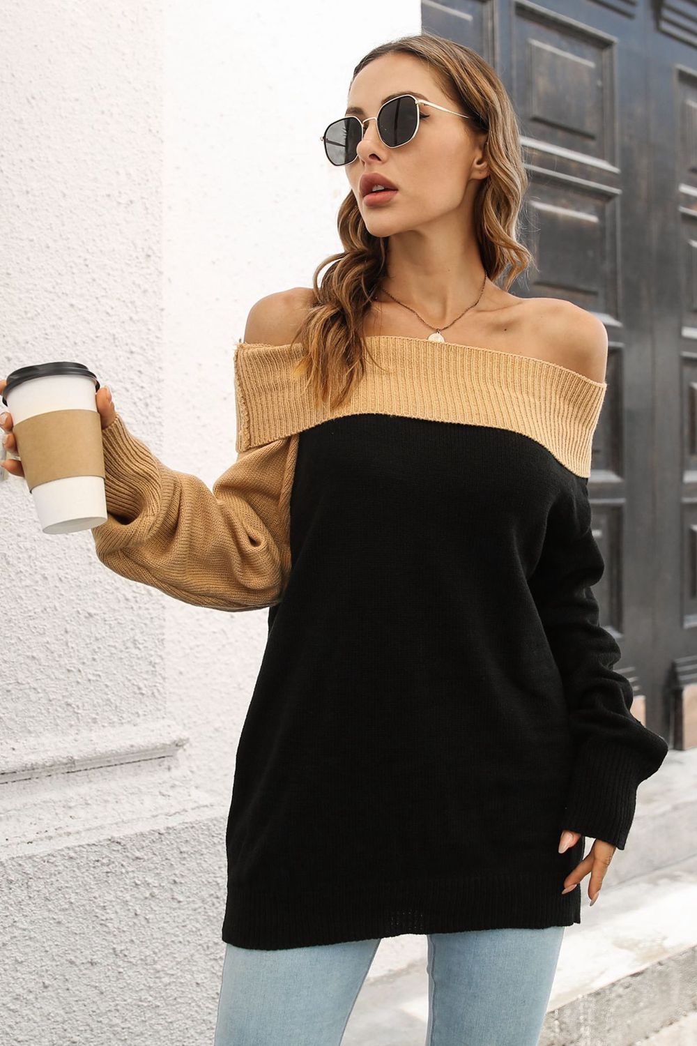 Ribbed Off-Shoulder Lantern Sleeve Pullover Sweater