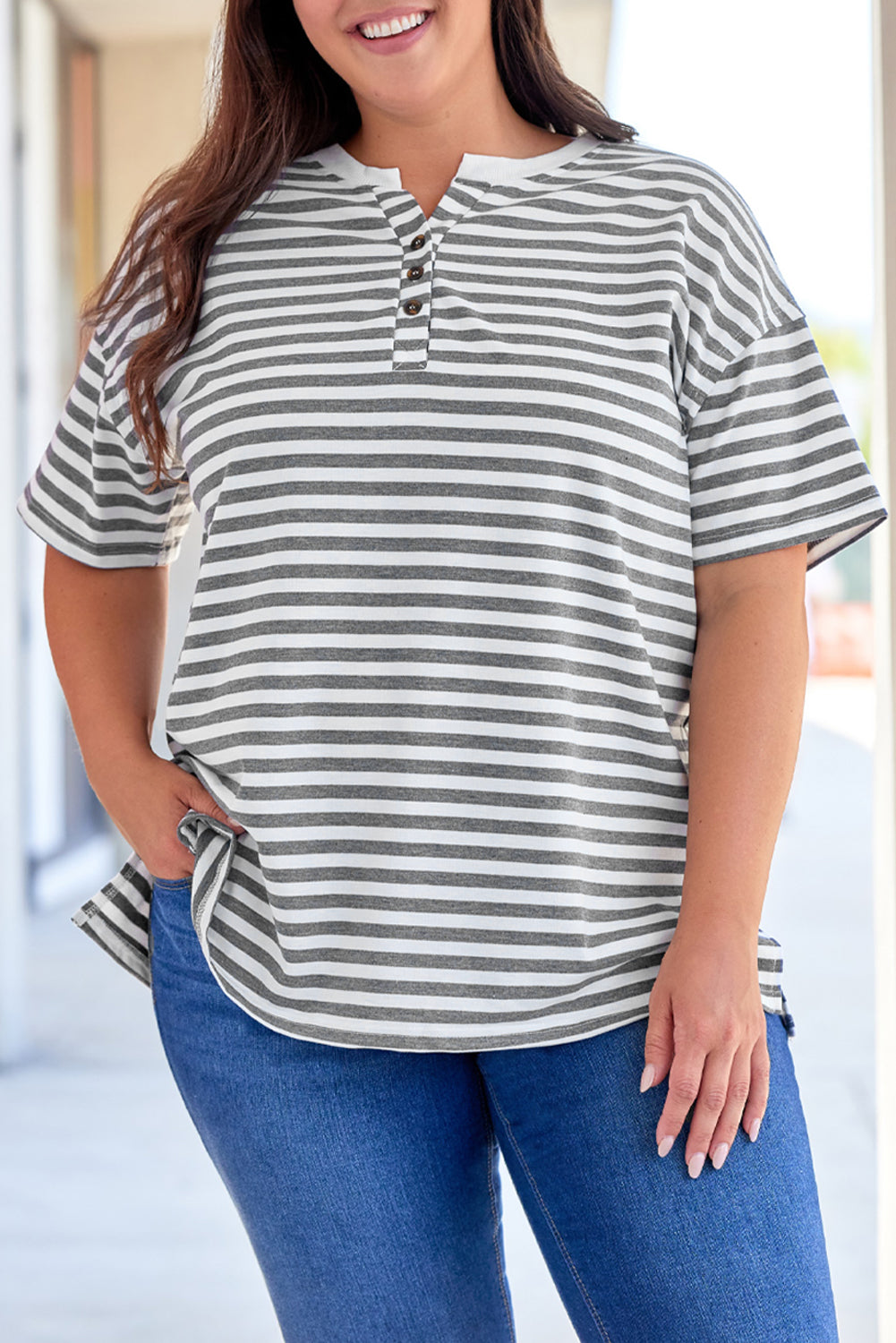 Plus Size Striped Notched Neck Short Sleeve Tee