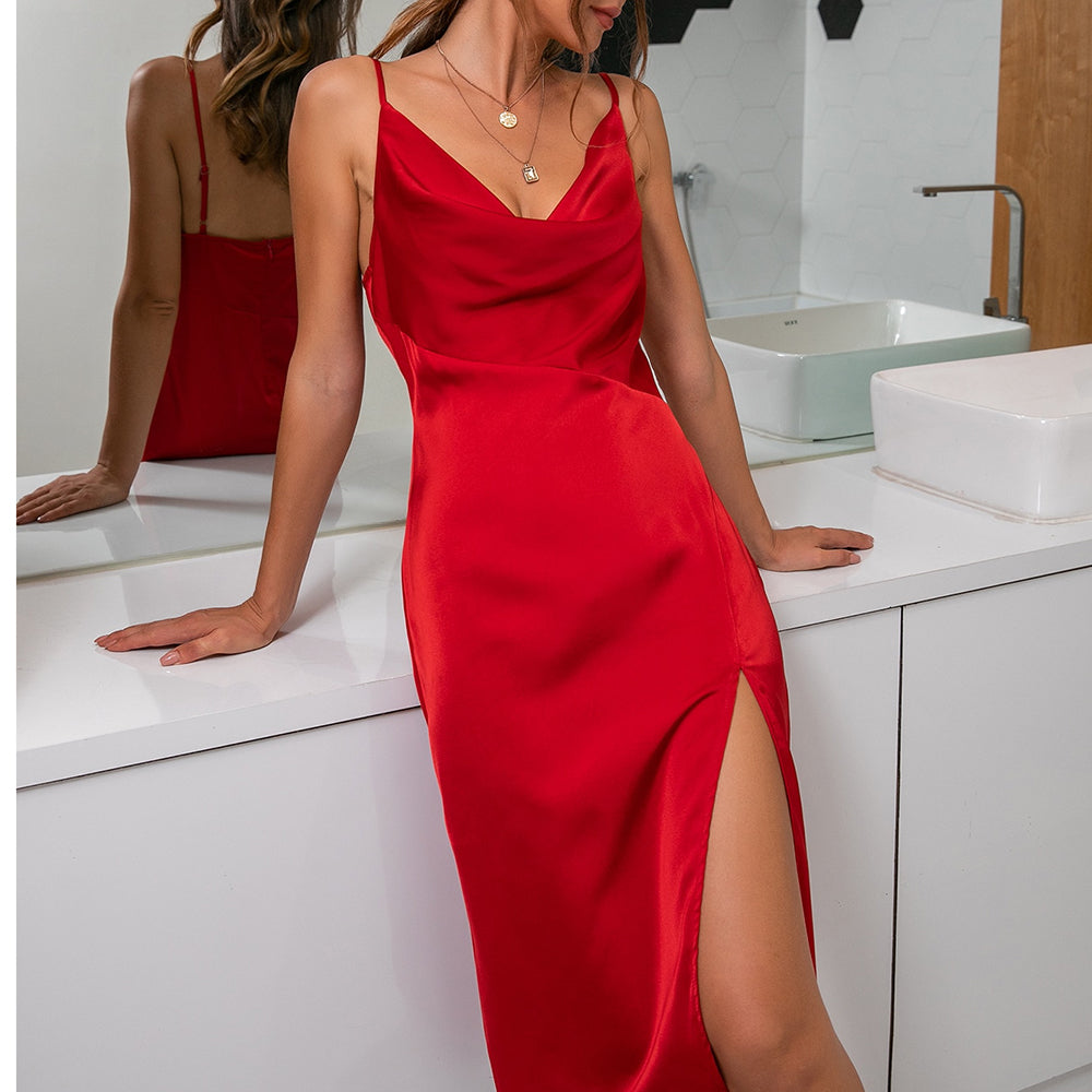 Spaghetti Strap Cowl Neck Slit Dress