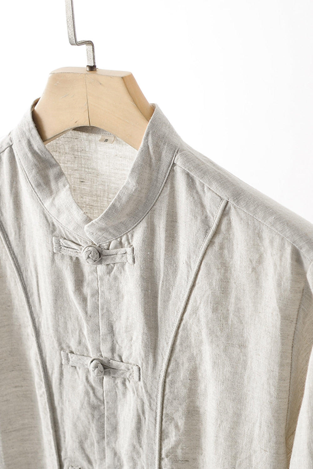 Buttoned Round Neck Long Sleeve Linen Shirt with Pockets