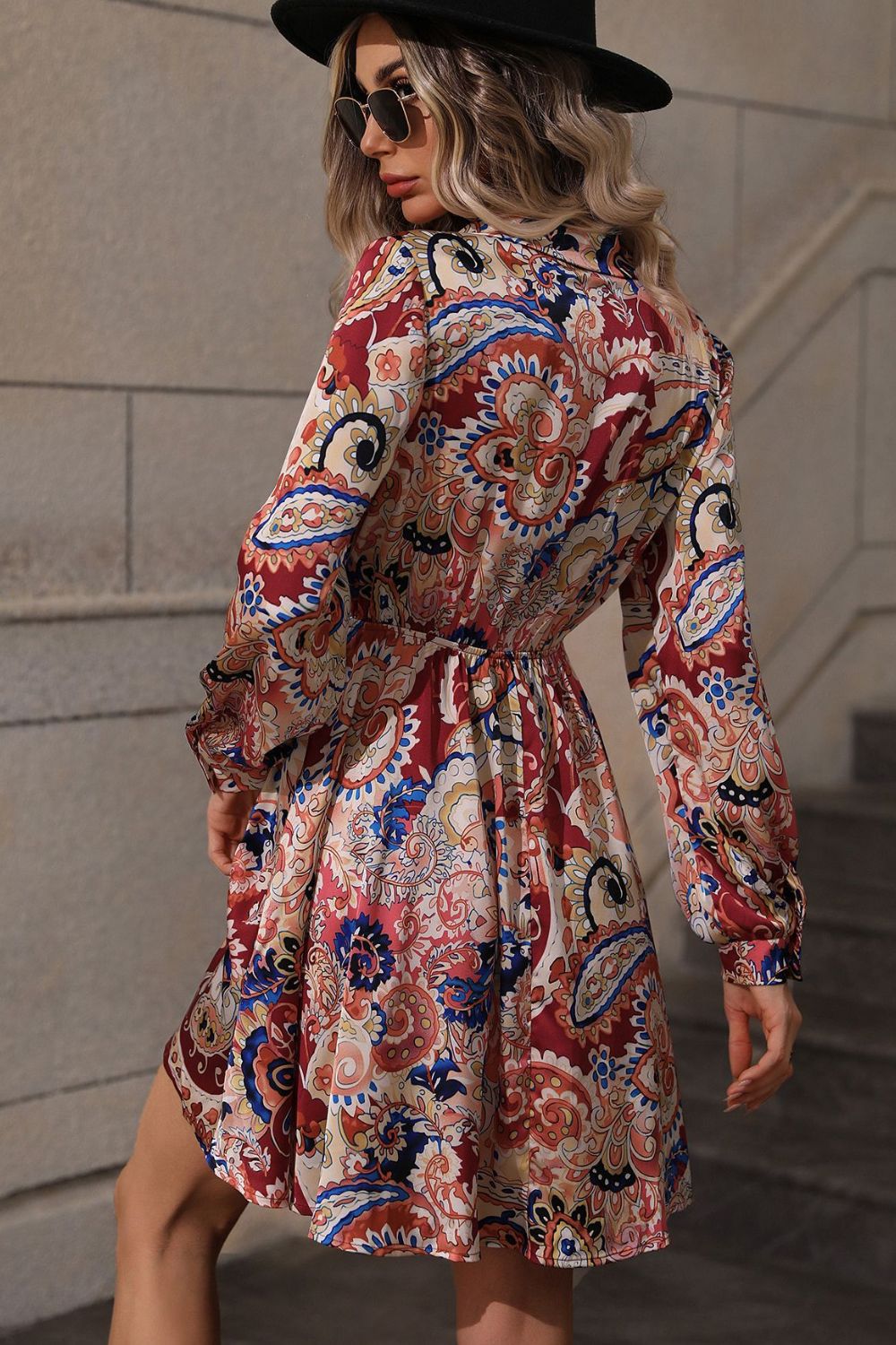 Printed Lantern Sleeve Collared Dress