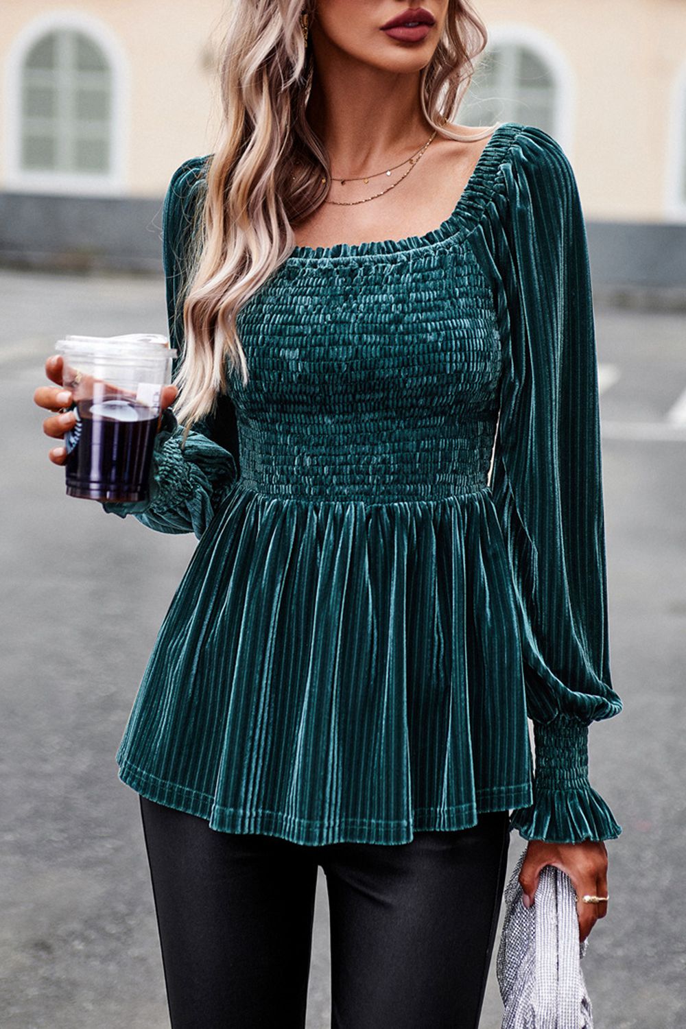 Smocked Square Neck Long Sleeve Blouse