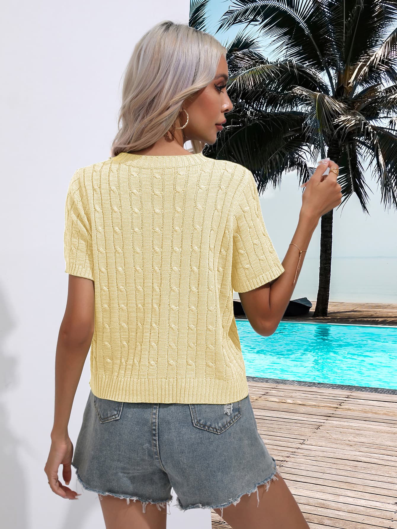 Cable-Knit Round Neck Short Sleeve Knit Top