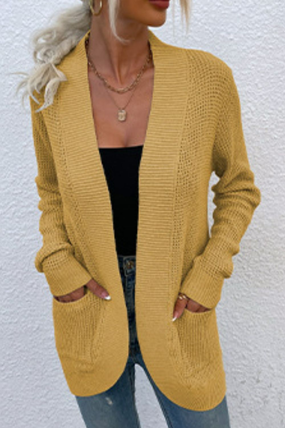 Ribbed Trim Longline Cardigan with Pockets