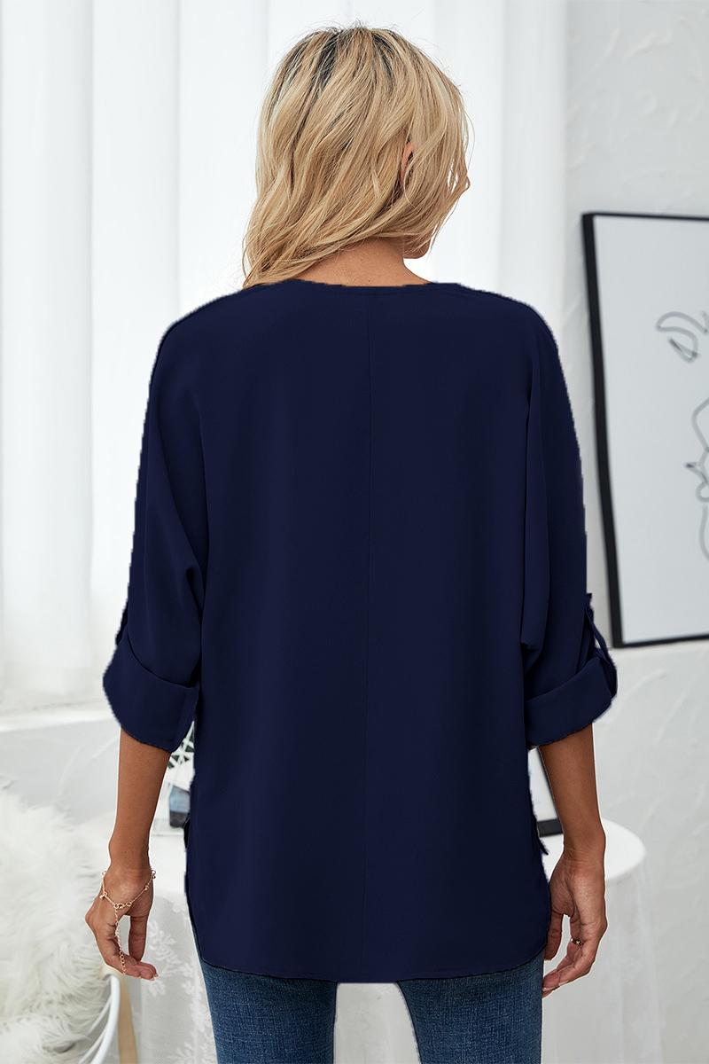 Roll-Tab Sleeve V-Neck Blouse