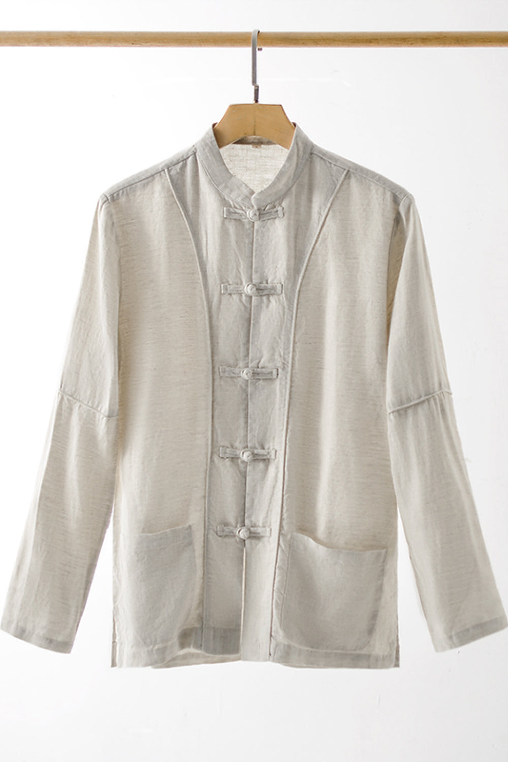 Buttoned Round Neck Long Sleeve Linen Shirt with Pockets