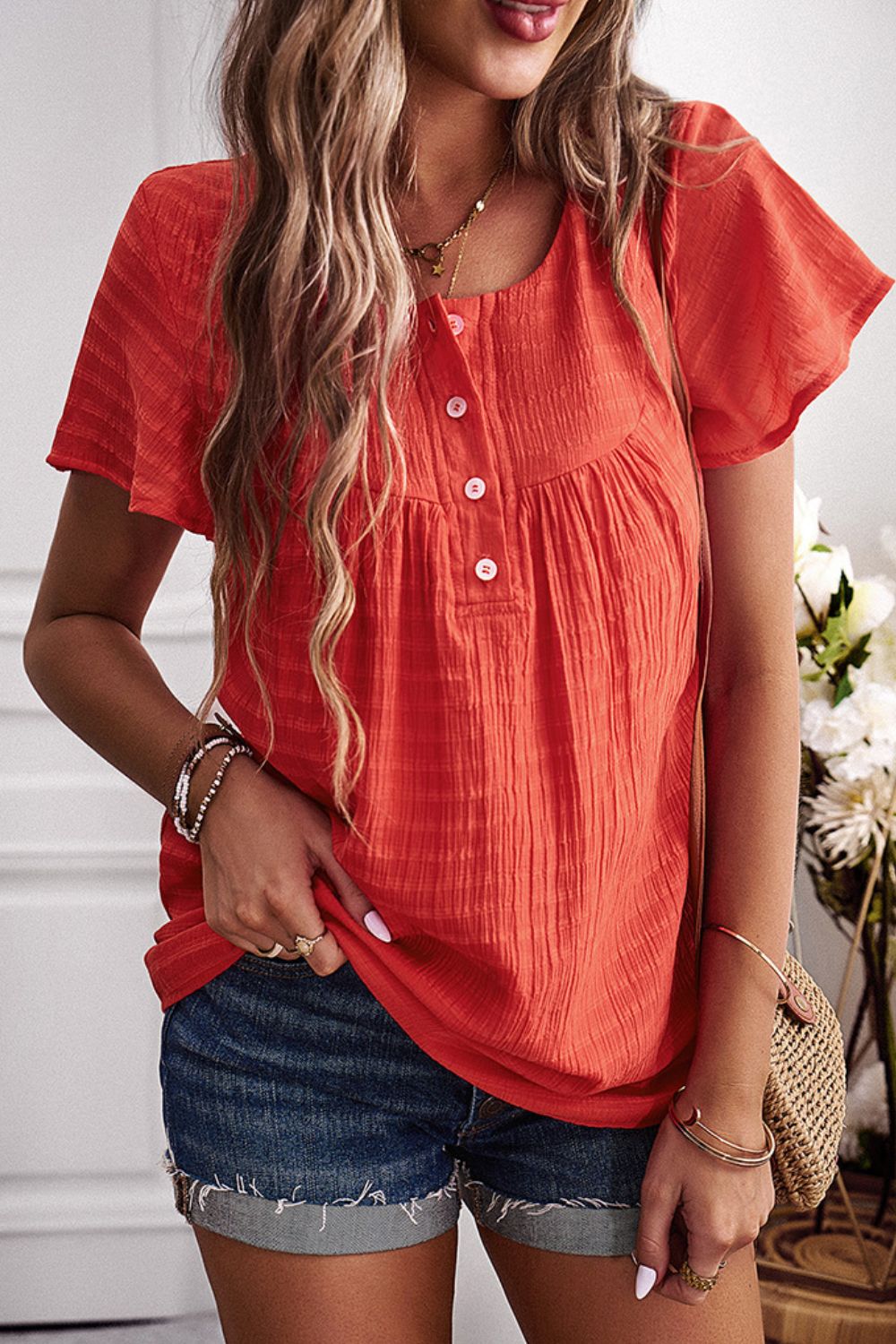 Quarter-Button Round Neck Short Sleeve Top