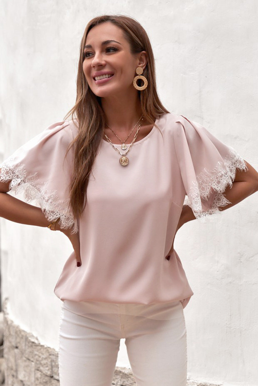 Lace Trim Flutter Sleeve Blouse