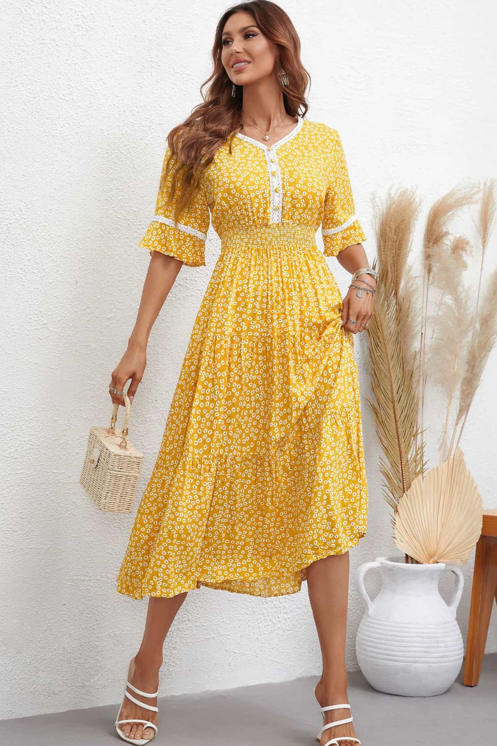 Floral V-Neck Smocked Waist Midi Dress