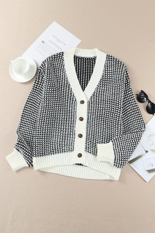 Woven Right Waffle-Knit Drop Shoulder Button-Down Cardigan