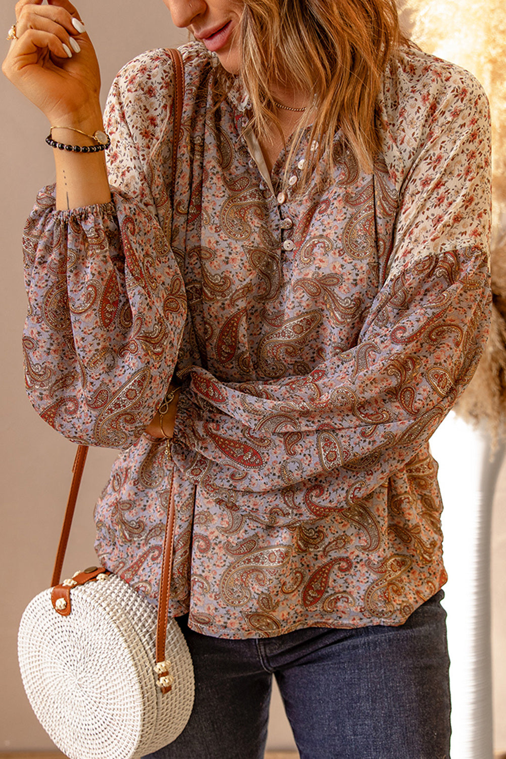 Paisley Print Quarter Button Balloon Sleeve Blouse