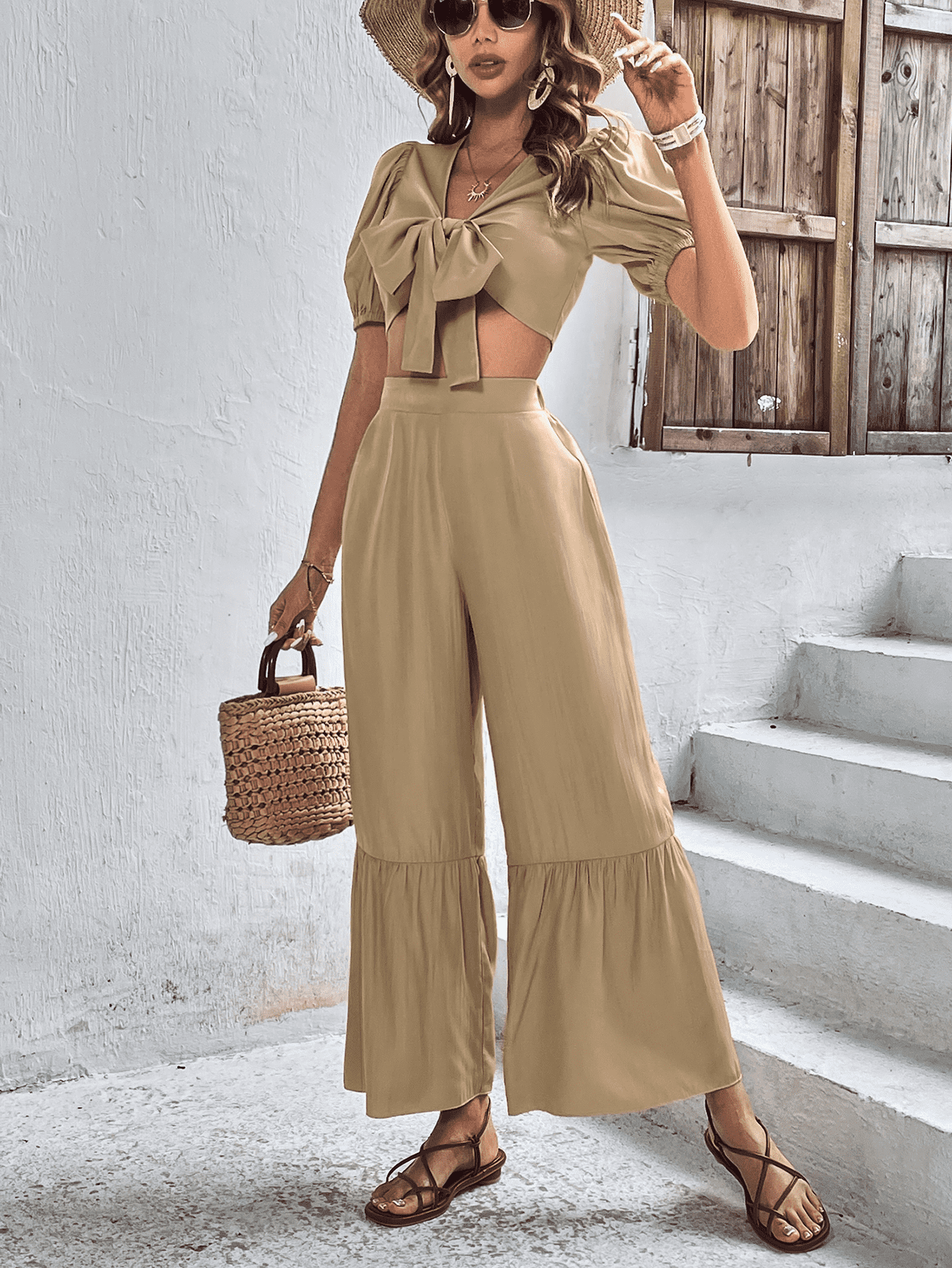 Puff Sleeve Cropped Top and Wide Leg Pants Set