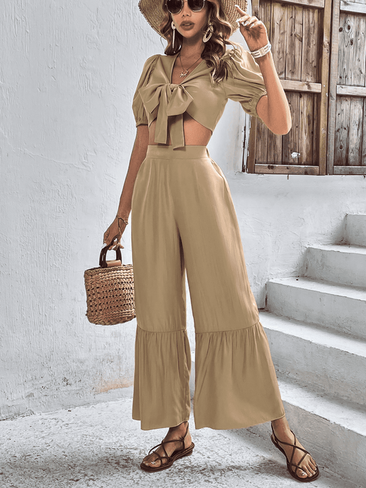 Puff Sleeve Cropped Top and Wide Leg Pants Set