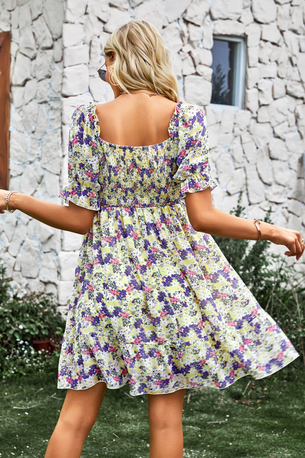 Floral Square Neck Smocked Frill Trim Dress