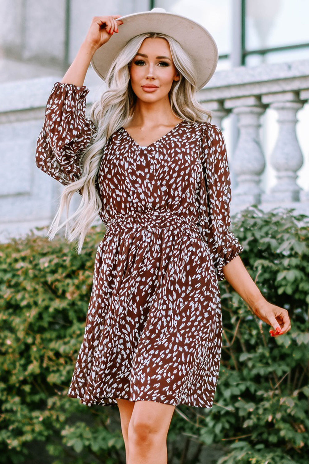 Printed Balloon Sleeve V-Neck Dress