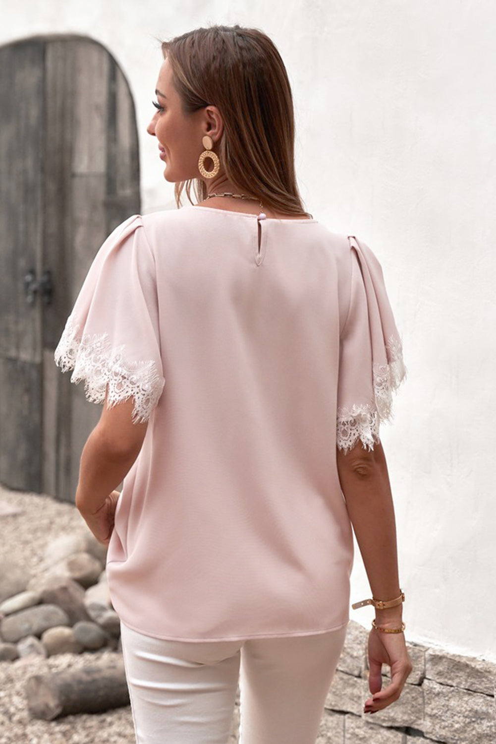 Lace Trim Flutter Sleeve Blouse