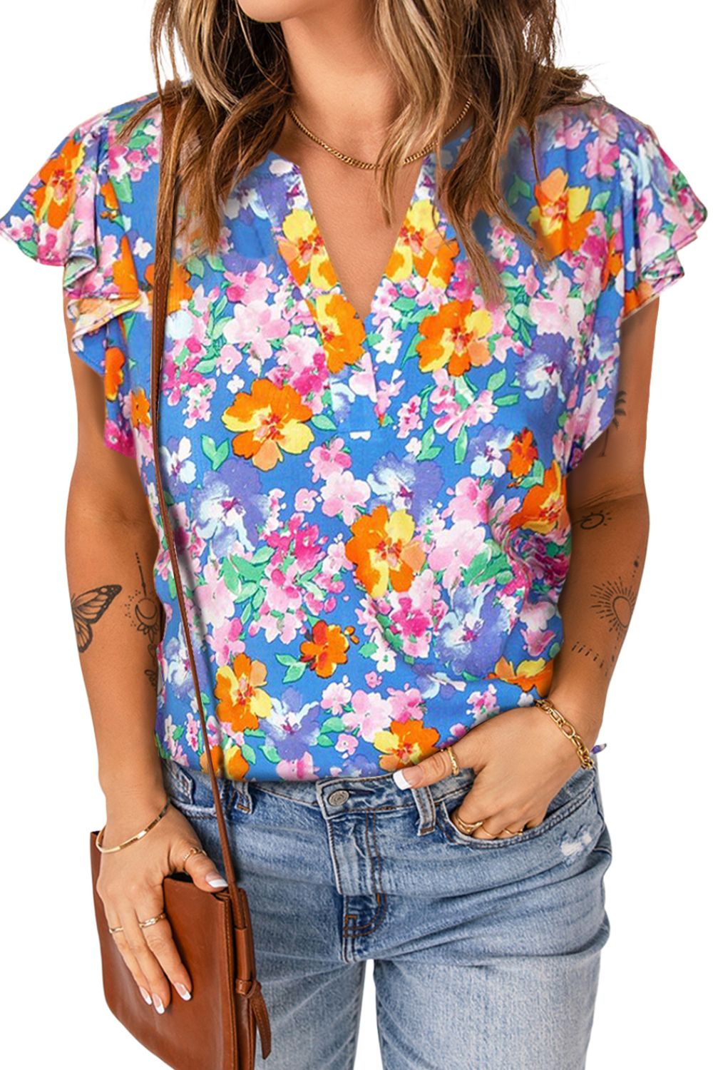 Floral Notched Neck Flutter Sleeve Blouse