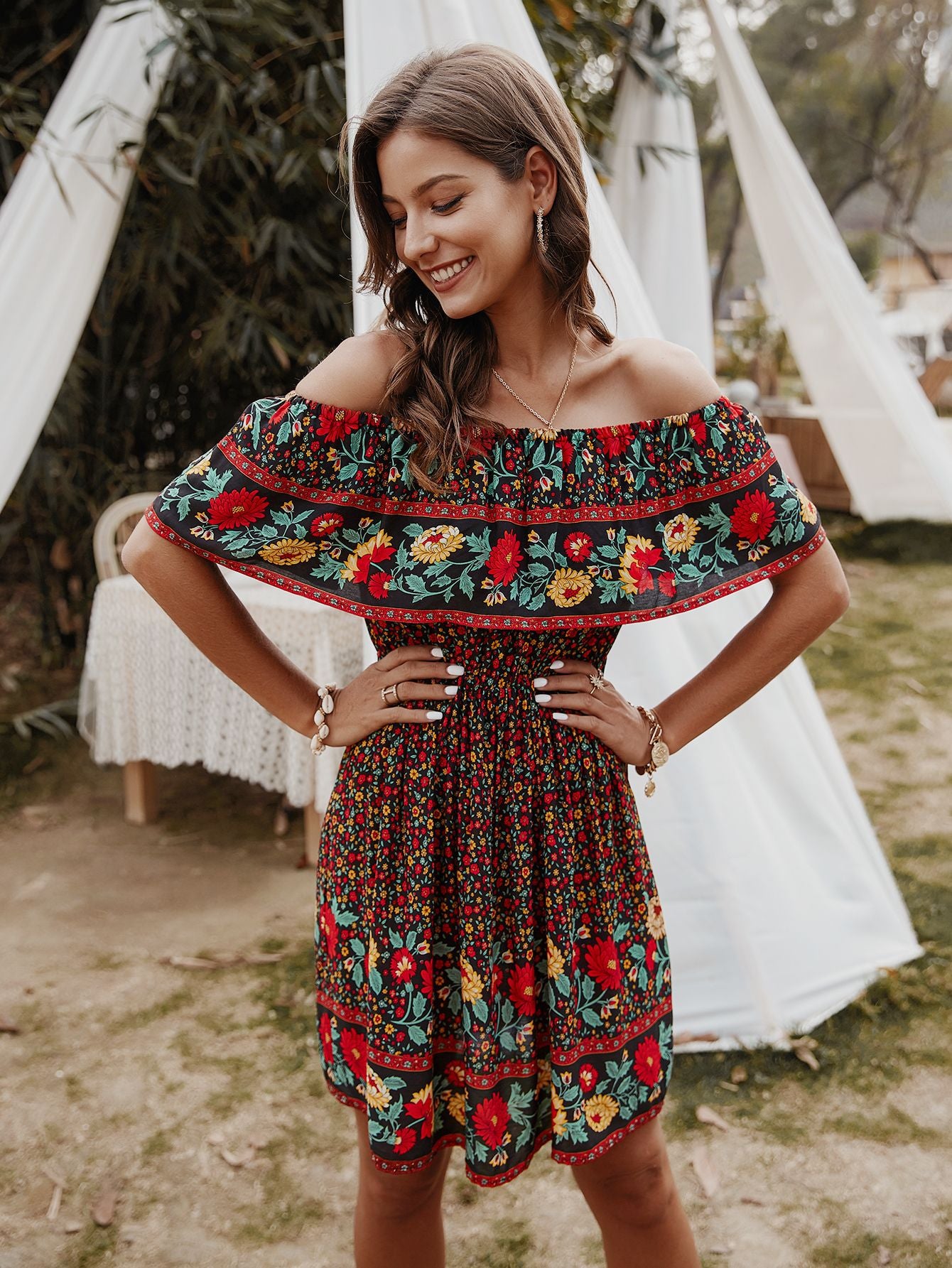 Bohemian Print Off-Shoulder Strapless Knee Length Dress