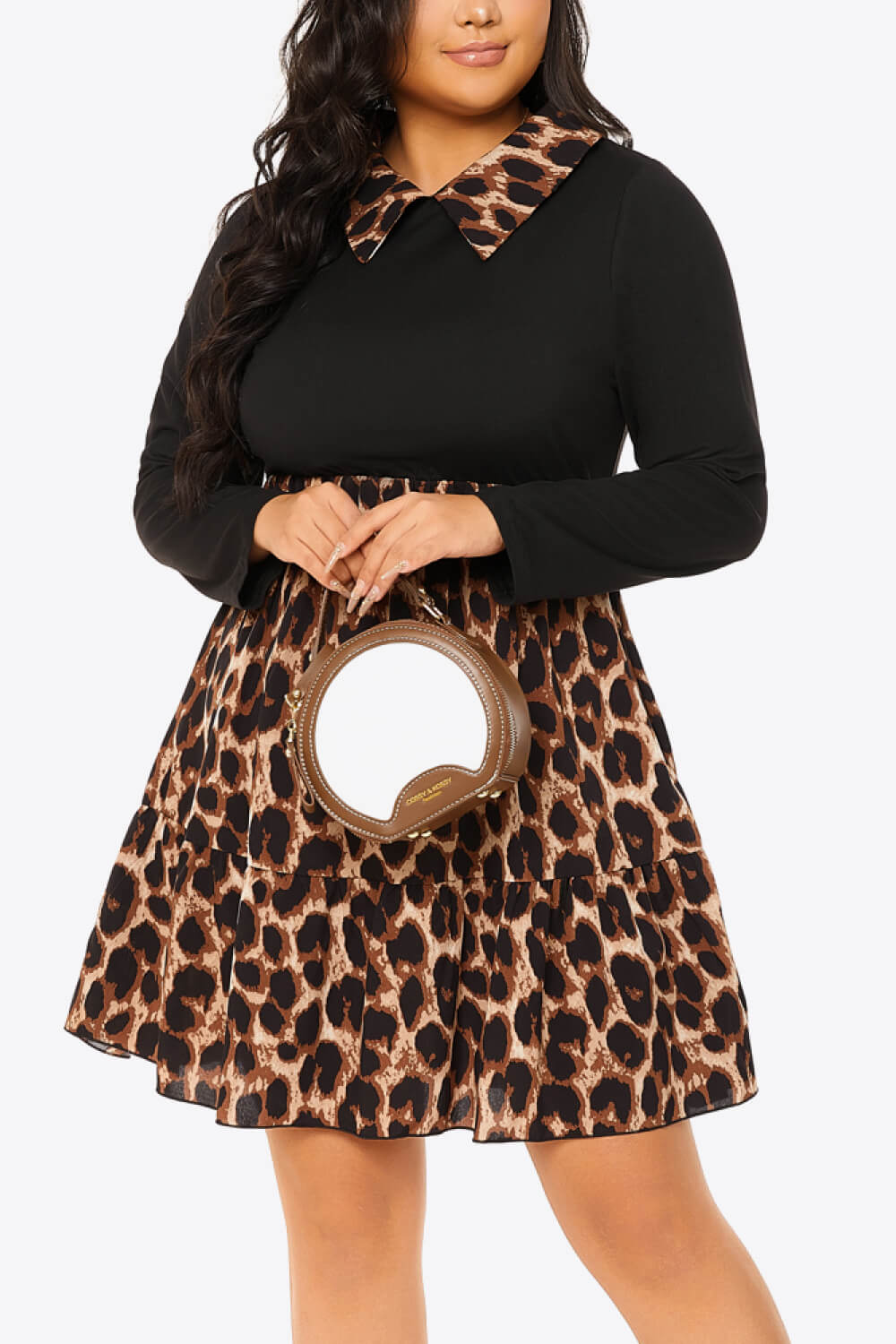Plus Size Leopard Color Bock Collared Long Sleeve Dress