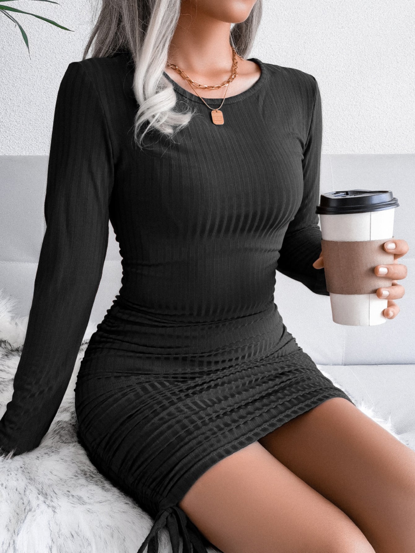 Round Neck Long Sleeve Tie Ruched Mini Dress