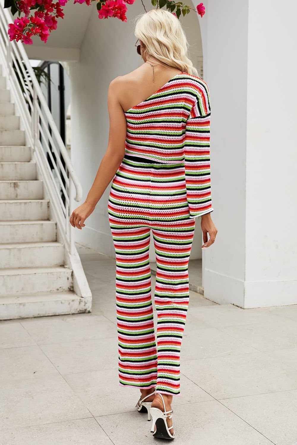 Striped One-Shoulder Knit Top and Pants Set