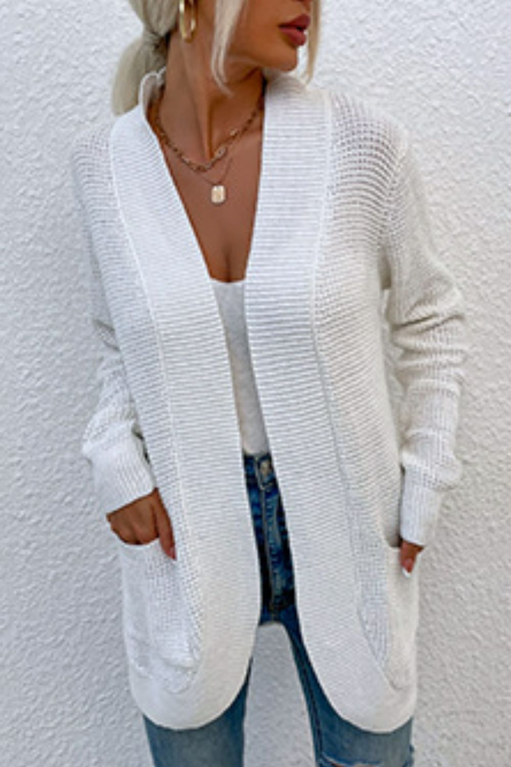 Ribbed Trim Longline Cardigan with Pockets