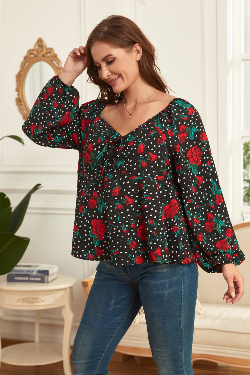 Melo Apparel Plus Size Floral Balloon Sleeve Blouse