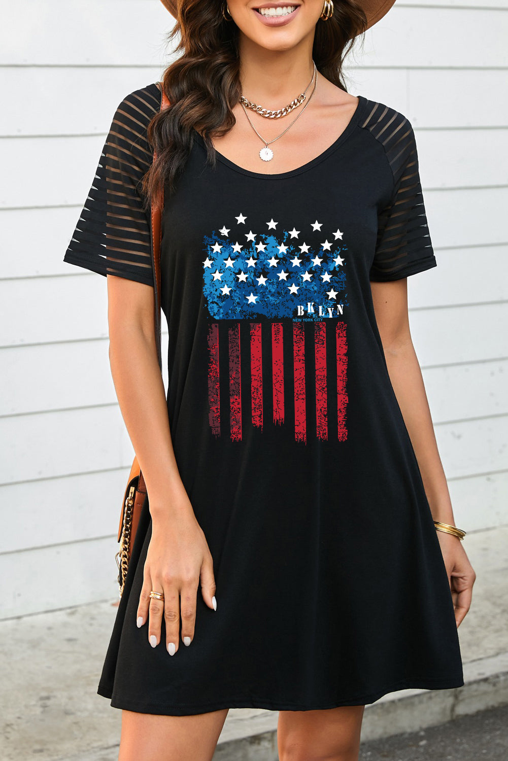 US Flag Graphic Sheer Striped Sleeve Dress