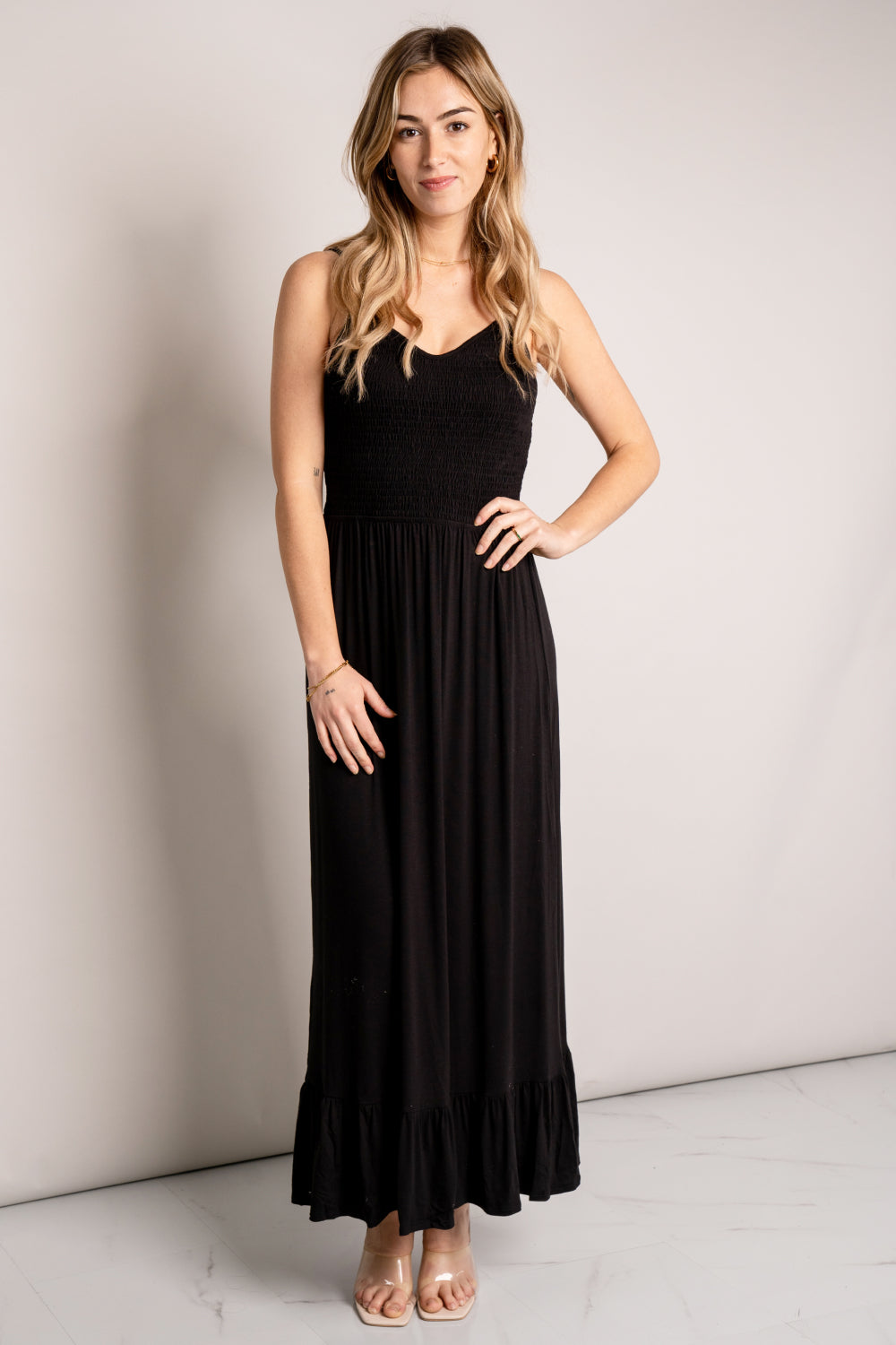 Sassy Look Full Size Spaghetti Strap Smocked Ruffle Hem Maxi Dress