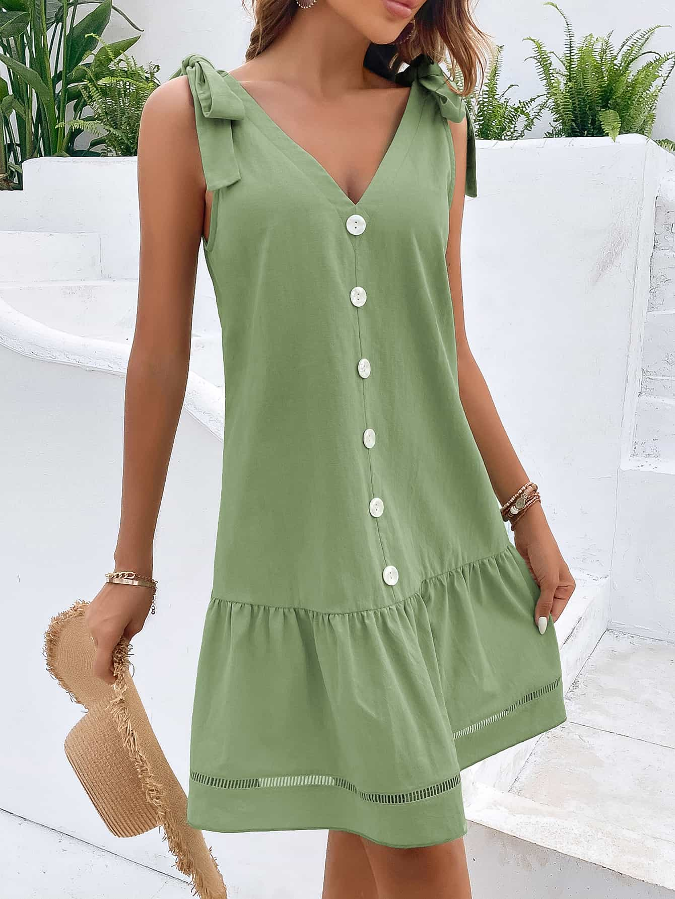 Decorative Button V-Neck Tie-Shoulder Dress