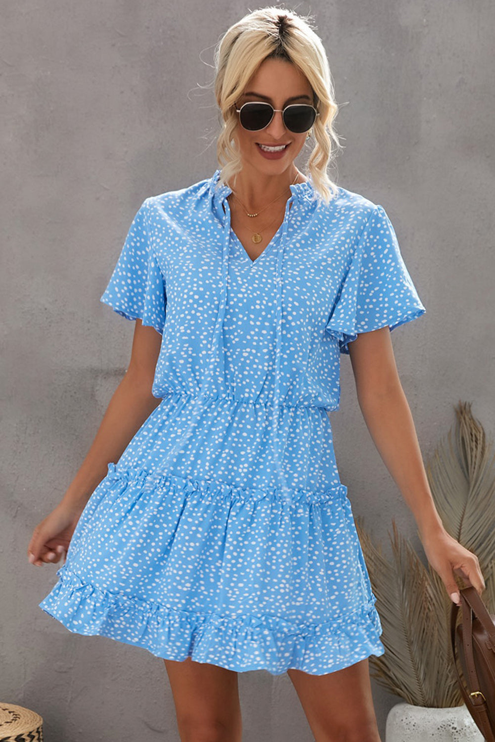 Printed Frill Trim Tie-Neck Flutter Sleeve Dress