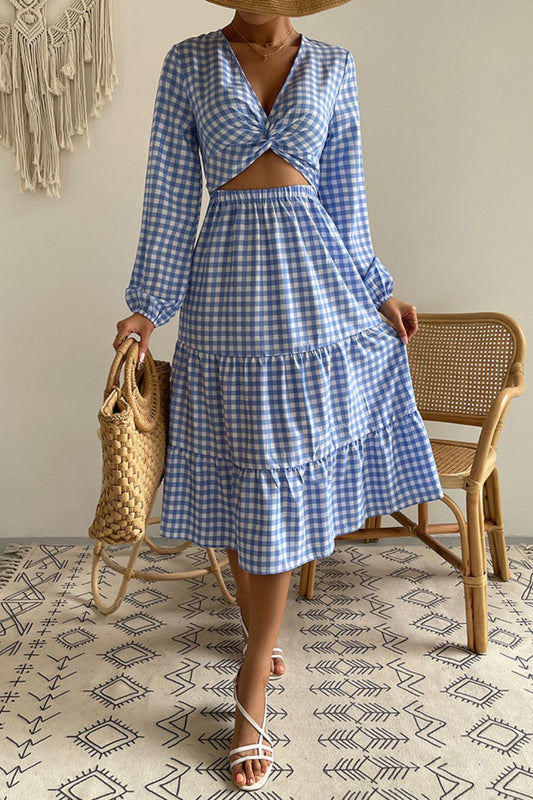 Plaid Cutout Twist Front Midi Dress