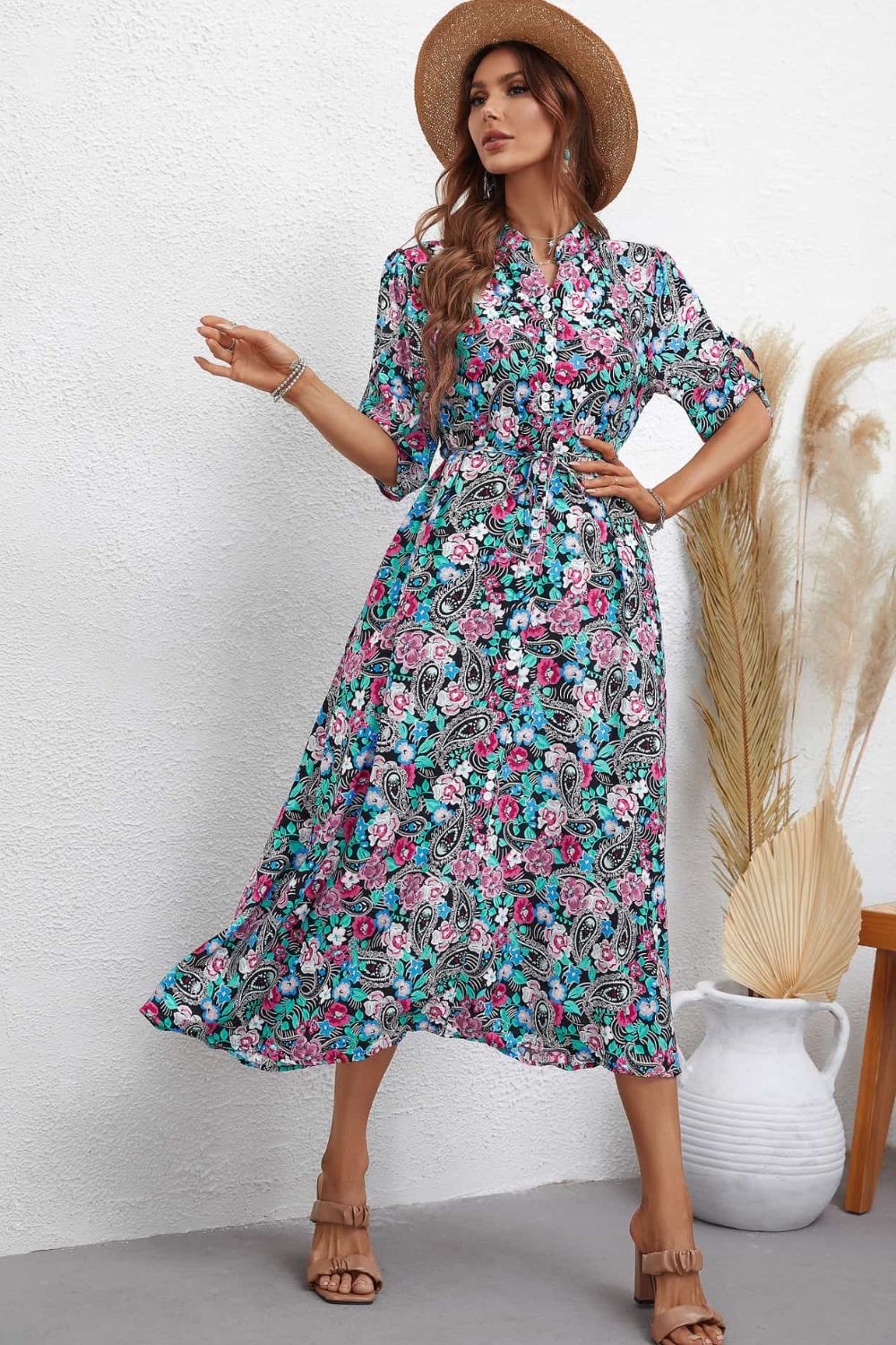 Floral Notched Neck Half Sleeve Dress